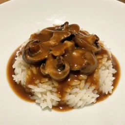 brown mushroom sauce on rice, michelin star