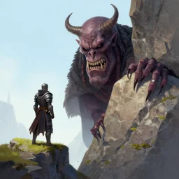 hideous imp is hiding behind a rock, looking at a fantasy warrior standing on a cliff, painted by marc simonetti, vibrant