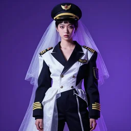 a portrait by nick knight of a japanese girl detailed features wearing a pilot suit wedding dress synthetic materials, jumpsuits chic'techno fashion trend by balenciaga dramatic purple light