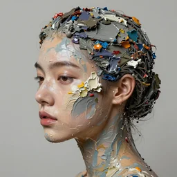 attractive woman's head created entirely from from thick encrusted oil paint