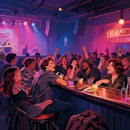 concert crowd sloppy wasted at a bar, epic scene, by victo ngai, kilian eng vibrant colours, dynamic lighting, digital art, winning award masterpiece, fantastically beautiful, illustration, aesthetically inspired by beksinski and dan mumford, trending on artstation, art by greg rutkowski, 8 k