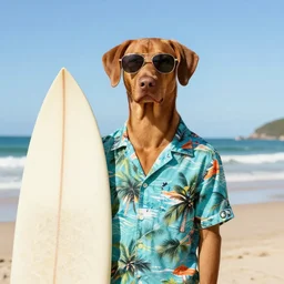 vizsla!!! wearing ( ( ( sunglasses ) ) ) tropical shirt tropical surfboard 4 k photography