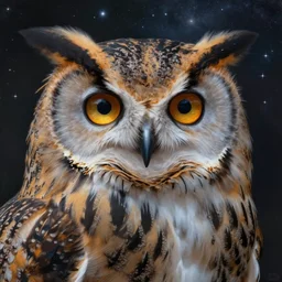 portrait painting of an owl with amber glowing eyes, background is a star filled galaxy unreal render cinematic lighting art by bussiere rutkowski andreas rocha