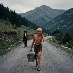 movie still by tarkovsky of an skinny old man carrying a bucket with a horse on a mountain road by escher, cinestill 8 0 0 t 3 5 mm eastmancolor, heavy grain, high quality, noir, natural textures, photorealistic, ambient occlusion, hd, ultra wide lens, anamorphic