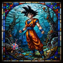 stained glass of female goku underwater by giacomo balla hyper realistic, dark fantasy detailed, high definition insanely detailed, bitter wide angle lens plasma globe
