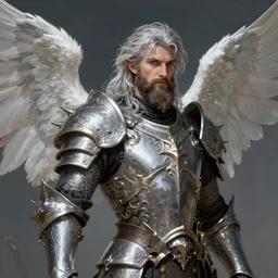 Aasimar Paladin with shaggy silver hair, brown scruffy beard, angel wings, epic, striking, fantasy, intricate, elegant, highly detailed, digital painting, artstation, concept art, smooth, sharp focus, illustration, art by Krenz Cushart and Artem Demura and alphonse mucha