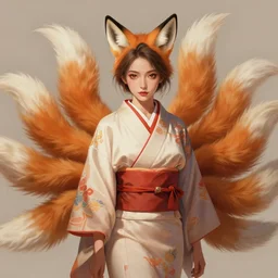 An beautiful digital painting of a woman with fox ears and nine tails wearing a kimono, by Stanley Artgerm Lau, WLOP, Rossdraws, James Jean, Andrei Riabovitchev, and Marc Simonetti, trending on artstation