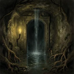 door leads from the waist - deep flooded sewer tunnels to the basement. fantasy art, underground, stream, musty, damp, sewage, darkness, water fall, underground, catacombs, abandoned spaces, torchlight. sketch art earthdawn campaign setting. myth drannor. parlainth. roots, mud, mushrooms, d & d.