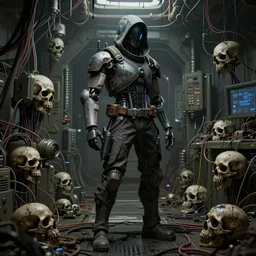 a cybernetic hunter, cyberpunk, in a dingy military base, wires, skulls, machines, by emil melmoth zdzislaw belsinki craig mullins yoji shinkawa realistic render ominous detailed photo atmospheric by jeremy mann and agnes cecile ink drips paint smears digital glitches glitchart