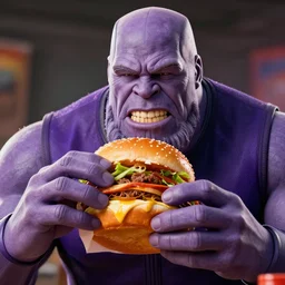 Thanos eating a Big Mac, close up, f/22, 35mm, backlit