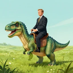 illustration of president sauli niinisto riding a dinosaur on a field of grass by justin sweet, high quality, artstation trending, high detail