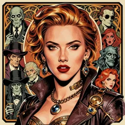 a detailed portrait illustration of scarlett johansson as a steampunk gambler - wizard. beautiful female face. art nouveau, pop art, comic book style. influenced by neil gaiman, h. p. lovecraft, dan mumford, brian froud, vadim voitekhovitch, killian eng, ross tran.