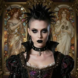 beautiful portrait, goth girl, piercings collar, mohawk hairstyle, medieval dress. witch, makeup. unreal engine, greg rutkowski, loish, rhads, beeple, tom bagshaw, alphonse mucha, global illumination, detailed and intricate environment