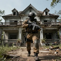 A Giant Spec Ops unit entering a abandoned mansion, realistic, 4k