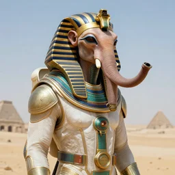 The Annunaki have returned to Egypt wearing space suits that look like Egyptian pharoah head-dresses and breathing hoses that look like elephant trunks - alien-looking, cyborg, detailed, photo-realism