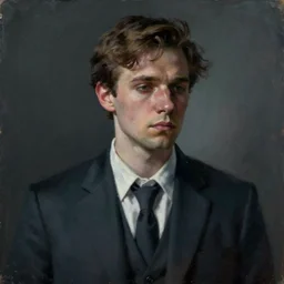portrait painting of a lost man in suit by cedric peyravernay and sergey kolesov concept design, atmospheric and sad cinematic lighting, trending on artstation