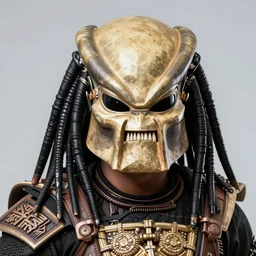 hedcut portrait of yatuja wearing mask from the movie predator