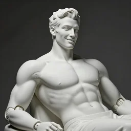 portrait of a futuristic blanco ceramic Spanish prince grinning humanoid robot with a handsome face and muscular body reclining, macho, piroca, dotado, guapo, matte surface, trending on cgsociety