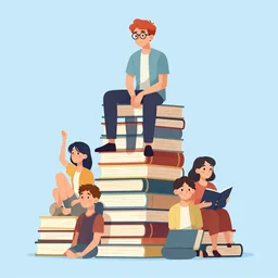 a young man with red hair and glasses sits on top of a tall pile of books. clean cel shaded vector art. shutterstock. behance hd by lois van baarle artgerm, helen huang, by makoto shinkai and ilya kuvshinov, rossdraws, illustration, art by ilya kuvshinov