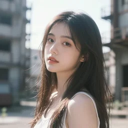 photo of an asian girl in an abandoned industrial city, beautiful face, raytracing, dreamy, perfect, aura of light, pure, glow, insanely detailed, artstation, innocent look, art by gauthier leblanc, kazuya takahashi, huifeng huang