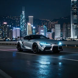 toyota supra with a light reflection in the middle of a road on the night Hong Kong china town, blue color grading, cinematic color grading , unreal 5, hyperrealistic, realistic, photorealistic, dynamic lighting, highly detailed, cinematic landscape, studio landscape, studio lighting