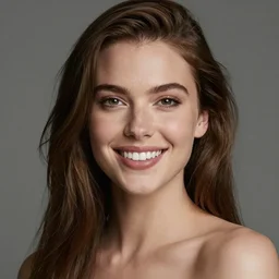 Fine art portrait of the most beautiful woman , she is posing while maintain a sweet eye contact to the camera, she has perfect white teeths, in the style of Ellie Victoria Gale, Annie Leibovitz and Steve McCurry, photorealistic, matte painting, hyper realistic, concept art, 4k, 8k, cinematic composition, cgsociety, HD, highly detailed, octane render, unreal engine 5, trending on artstation