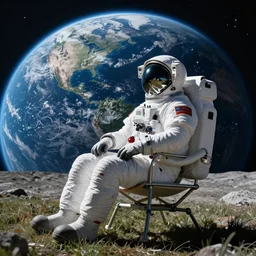 astronaut sitting in lawn chair on the moon looking at earth hyper realism, cinematic, dramatic ambient lighting, epic composition, high detail, octane render, unreal engine, 8 k, vibrant colors, smooth gradients, high contrast, professional photo, photorealistic, digital artray tracing