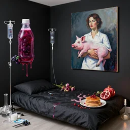 hotel room with black walls and a futon, berry juice, dripping, a sensual portrait of a female chef holding a piglet, batteries, intravenous drip, wilted flowers, pomegranate, octopus, pancakes, berries, surgical supplies, scientific glassware, candles, neo - expressionism, surrealism, acrylic and spray paint and oilstick on canvas