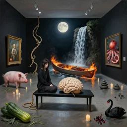 painting of a flooded art gallery, black bench seat, a tall emo girl, a brain sculpture, moonlight, a burning canoe and knotted hemp rope, many candles, art gallery interior with black walls, pigs, courgette, waterfall, pomegranates, octopus, zen, black swans, berries, surrealist, by magritte and monet