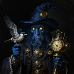 a baroque close - up portrait painting of a dark blue whimsical steampunk wizard with glowing eyes holding a bird and a time machine. black background. negative light. highly detailed science fiction painting by norman rockwell, moebius, frank frazetta, and syd mead. high contrast. renaissance masterpiece. artstation