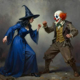 oil matte portrait, witch in blue robes and hat fighting a man in wearing rags and a clown with and nose. digital painting, fantasy, concept art, cinematic colors, realistic shaded. by ilya kuvshinov, magali villeneuve, artgerm, greg rutkowski