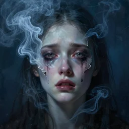 creepy broken crying face of woman made of smoke and ash, surreal painting by beksinski, deep eyes, dark blue atmosphere, mist,