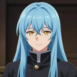 rimuru tempest winking, sky blue straight hair, bangs, with amber eyes, gold eyes, wearing a black jacket, high collar, ultra detailed, concept art, award winning photography, digital painting, pretty, cinematic, wlop artstation, closeup, pixiv, popular, yoshitaka amano, andy warhol, ilya kuvshinov,