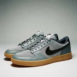 a studio photoshoot of Nike low top sneakers designed by Tom Sachs, leather with knitted mesh material, gum rubber outsole, realistic, color film photography by Tlyer Mitchell, 35 mm, graflex