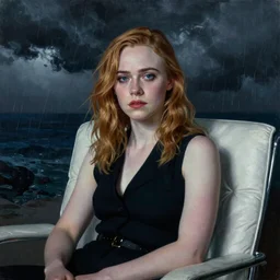 Elle Fanning sitting on a white leather chair in the world of Adam Adamowicz, head and shoulders portrait, stormy weather, extremely detailed masterpiece, oil on canvas, low-key neon lighting, artstation, Blade Runner 2049, Roger Deakin’s cinematography, by J. C. Leyendecker and Peter Paul Rubens and Edward Hopper and Michael Sowa,