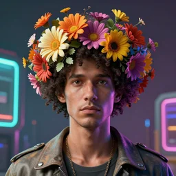a man with a flower crown on his head, cyberpunk art by filip hodas, mike winkelmann, cgsociety, afrofuturism, retrofuturism, made of flowers, octane render, rendered in cinema 4 d