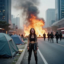 Cinestill 50d candid photography of a city on fire, extreme wide shot of a poor techwear mixed woman wearing makeup crying outside of a futuristic city on fire, cyberpunk, tattoos, homeless tents on the side of the road, militarized police patrol, extreme long shot, desaturated, full shot, action shot, blurry, 4k, 8k, hd, full color