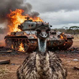 a selfie of an emu with the wreck of a burning tank in australia, cinematic