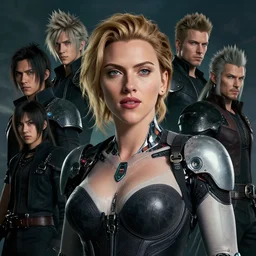 a fancy portrait of a Scarlett Johansson cyborg by Greg Rutkowski, Sung Choi, Mitchell Mohrhauser, Maciej Kuciara, Johnson Ting, Maxim Verehin, Peter Konig, final fantasy , mythical, 8k photorealistic, cinematic lighting, HD, high details, atmospheric,