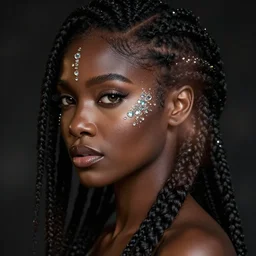 fancy side portrait concept art of a gorgeous dark skinned goddess with decorated braided hair and crystals on her cheeks and forehead, by wlop and Ross Tran and sam yang and mandy jurgens and viktoria gavrilenko, identical eyes, gazing eyes, stunning, gorgeous, beautiful eyes medium shot, fantasy, featured on artstation, cinematic lighting, hyperdetailed, cgsociety, 8k, golden ratio, dark atmosphere, dramatic, alluring