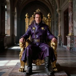 Film still of one Christopher Walken as Emperor Shaddam IV (Dune) wearing ornate Tyrian-purple regal leather uniform with two gold-lion-shaped-pins sitting on an ornamented-golden-lion-throne in a dark long Romanesque marble-clad corridor-hall, where sunlight shines through small ornate windows casting shadows, dark atmospheric lighting, intricate details, cinematography by Stanley Kubrick, Ridley Scott