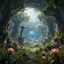 ' cercular space colonie rotating near avatar like landscape, high - tech space cult with trees and plants and alien flowers, dramatic lighting, epic, octane render, volumetric light, unreal engine, artbreeder, 8 k, background, scene, digital, artwork, high quality, 8 k''