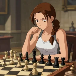 Lara Croft playing chess, anime artstation