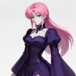 full portrait of beautiful necromancer, gloomy purple dress, corset, face details, pink hair, ponytail, white skin, green eyes, posing, high fantasy, highly detailed, sharp focus, smooth, digital illustration, by akira toriyama