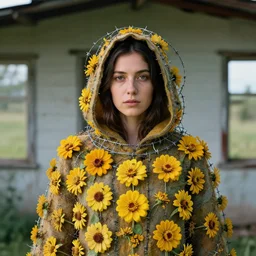a woman wearing a hooded cloak made of zinnias and barbed wire, in a derelict house, by Erik Almas, natural light, detailed face, CANON Eos C300, ƒ1.8, 35mm, 8K, medium-format print