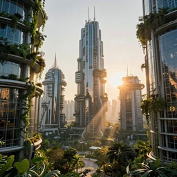 Sunrise over solar punk city, many trees and plants, romantic, sun rays, vines, vertical gardens, utopia, beautiful glass and steel architecture, extreme detail, futuristic