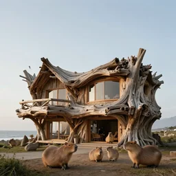 architectural photography of a house made of driftwood, natural and organic and flowing, on the coast, wide angle, shot from a low angle, great lighting, cinematic. inhabited by a family of anthropomorphic capybaras.