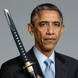 portrait of Obama carrying a katana, photorealistic