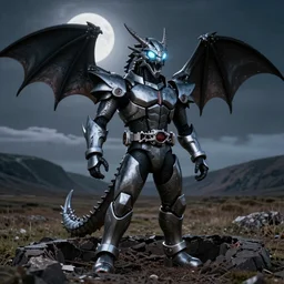 roaring humanoid dragon inspired kamen rider armor with glowing eyes and mouth standing in a crater on the plains of scotland, glowing eyes, charcoal and silver color scheme, rubber suit, full body single character, moonlit night, good value control, high contrast, biomechanical elements, sci-fi, concept art