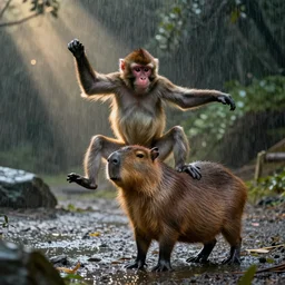 Monkey dancing in the rain with a capybara